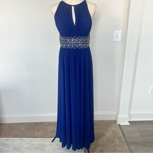 R&M Richards Royal Blue Halter Gown with Beaded Waist